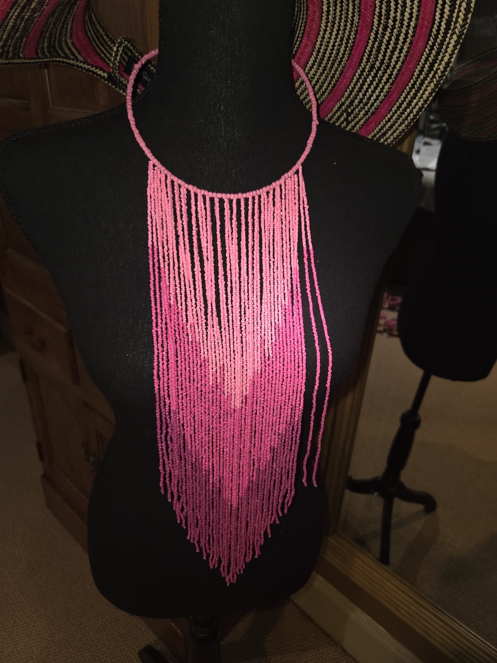 Pink Fringe Beaded Statement Necklace